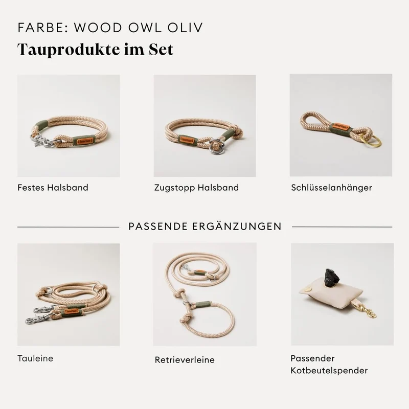 Tau-Retrieverleine Wood Owl OLIV, 190 cm (integrierte Halsung)