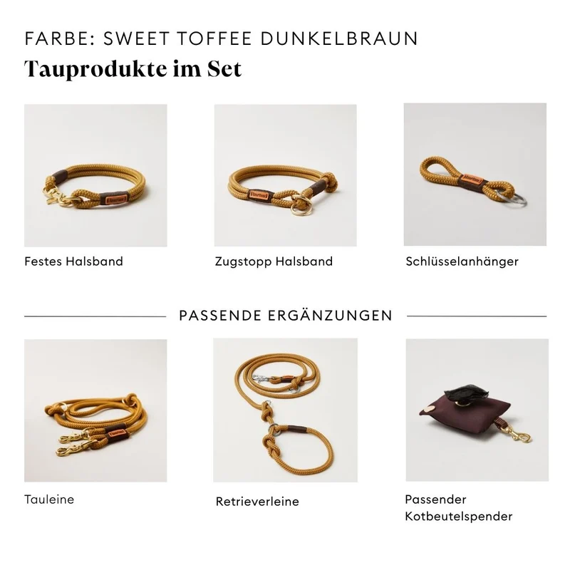 Tau-Retrieverleine Sweet Toffee DUNKELBRAUN, 190 cm (integrierte Halsung)