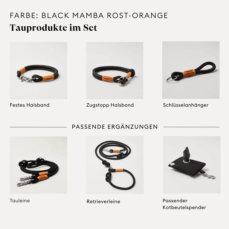Tau-Retrieverleine Black Mamba ROST-ORANGE, 190 cm (integrierte Halsung)
