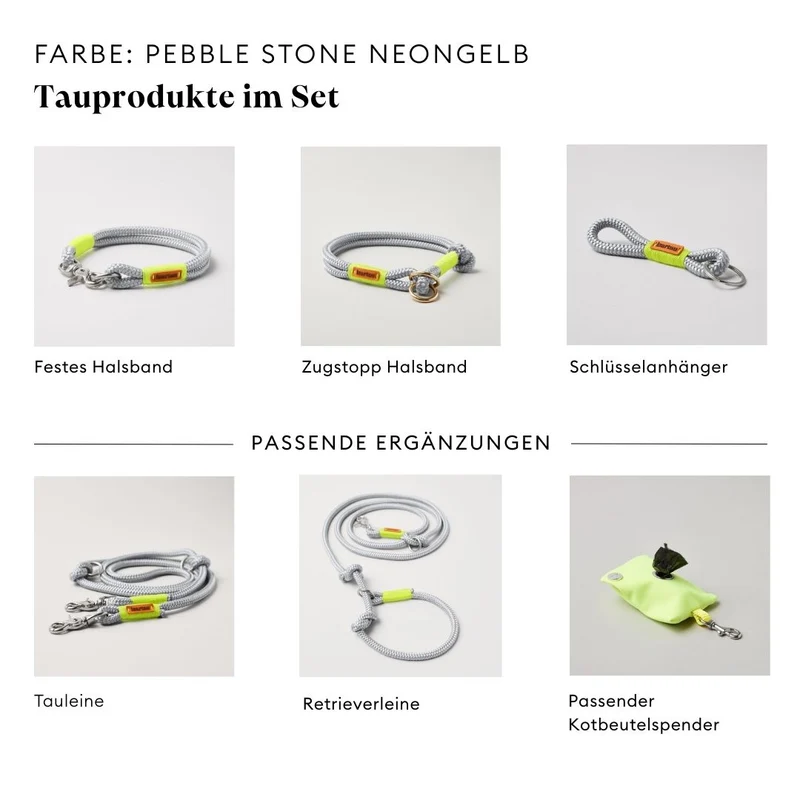 Tau-Retrieverleine Pebble Stone NEONGELB, 190 cm (integrierte Halsung)