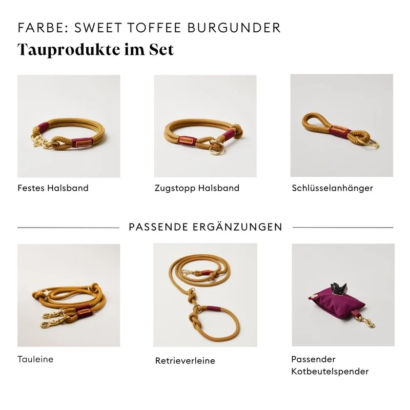 Tau-Retrieverleine Sweet Toffee BURGUNDER, 190 cm (integrierte Halsung)