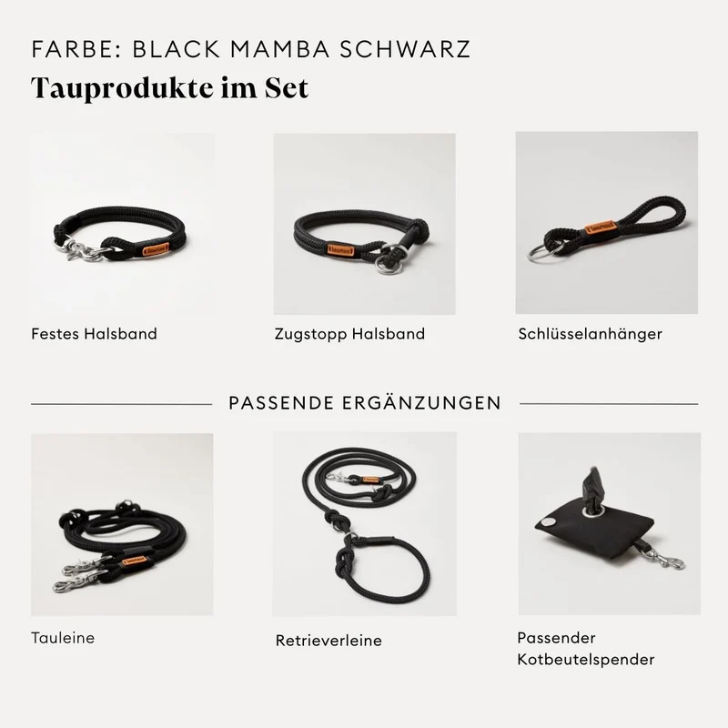 Tau-Retrieverleine Black Mamba SCHWARZ, 190 cm (integrierte Halsung)