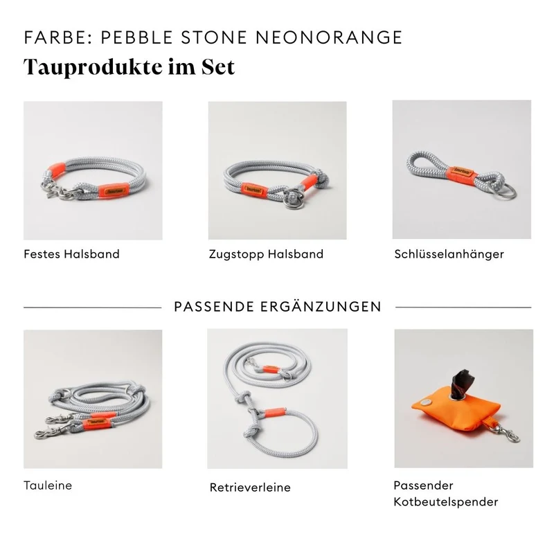Tau-Retrieverleine Pebble Stone NEONORANGE, 190 cm (integrierte Halsung)