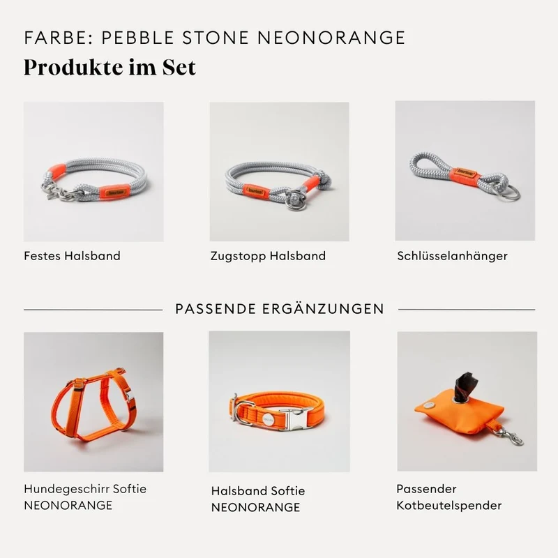 Tau-Retrieverleine Pebble Stone NEONORANGE, 190 cm (integrierte Halsung)