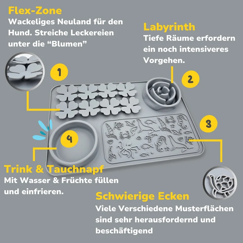 Schleckmatte zur Hunde-Beschäftigung | Grau | 4-Zonen
