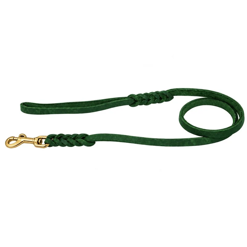 Bellepet Fettlederleine extra geflochten mit Handschlaufe – Messing