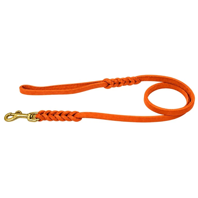 Bellepet Fettlederleine extra geflochten mit Handschlaufe – Messing
