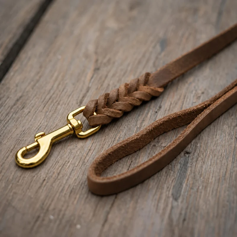 Bellepet Fettlederleine extra geflochten mit Handschlaufe – Messing