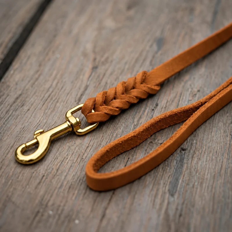 Bellepet Fettlederleine extra geflochten mit Handschlaufe – Messing