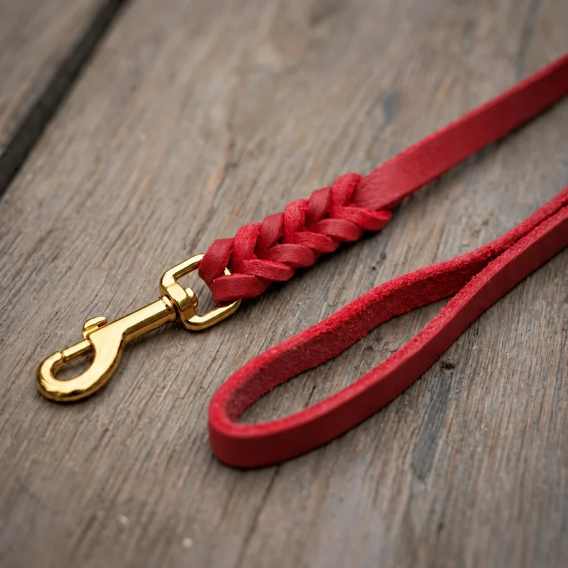 Bellepet Fettlederleine extra geflochten mit Handschlaufe – Messing