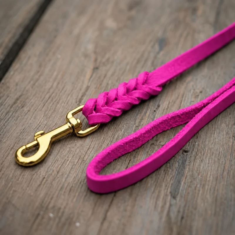 Bellepet Fettlederleine extra geflochten mit Handschlaufe – Messing