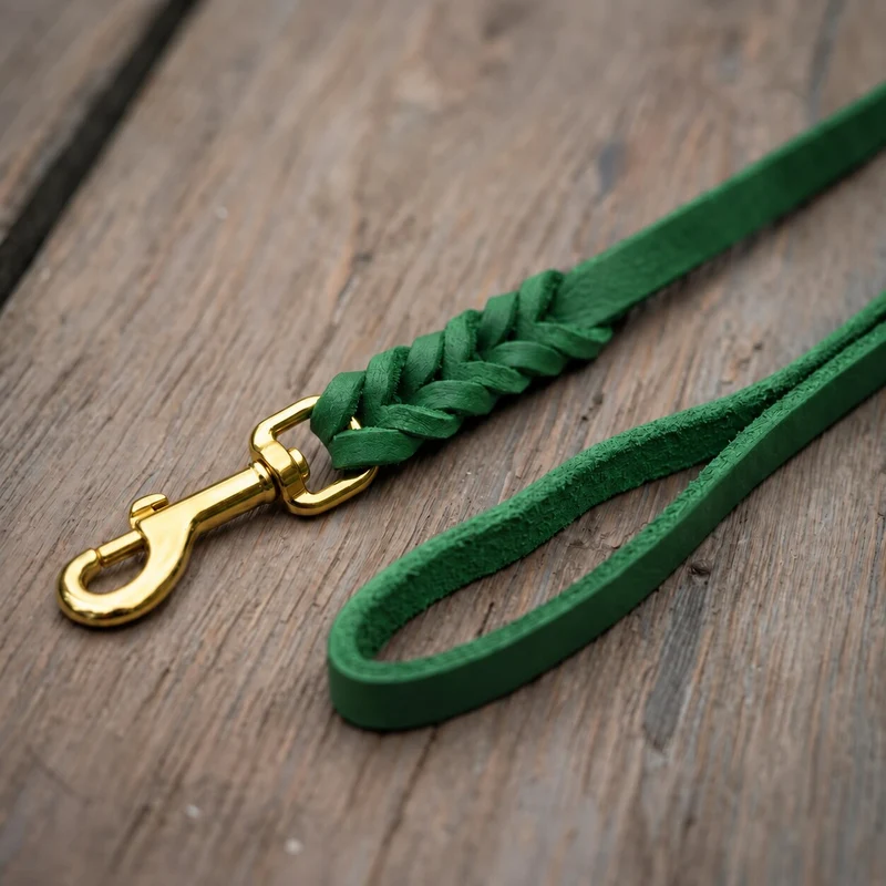 Bellepet Fettlederleine extra geflochten mit Handschlaufe – Messing