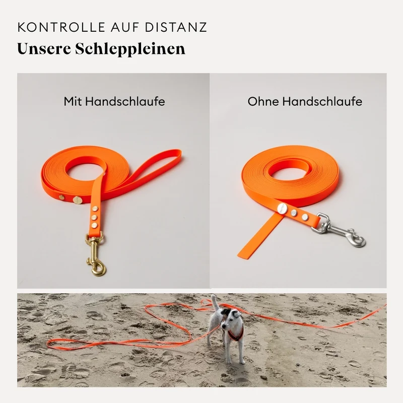 Schleppleine Biothane Neonorange, mit Handschlaufe