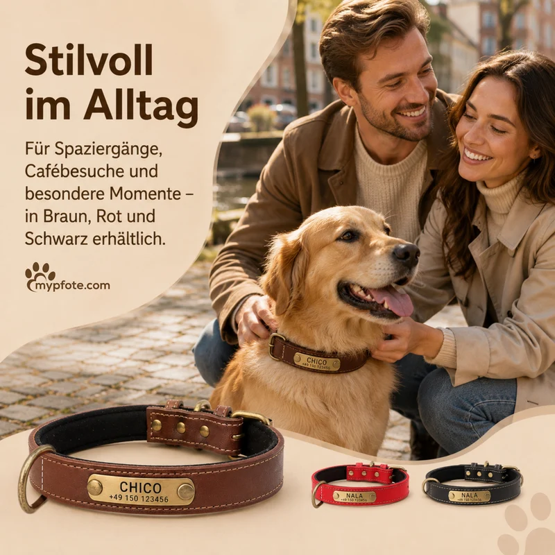 Hundehalsband mit Namen auf Messingschild aus hochwertigem Leder, Innenpolsterung aus Neopren, 2 massive D-Ringe