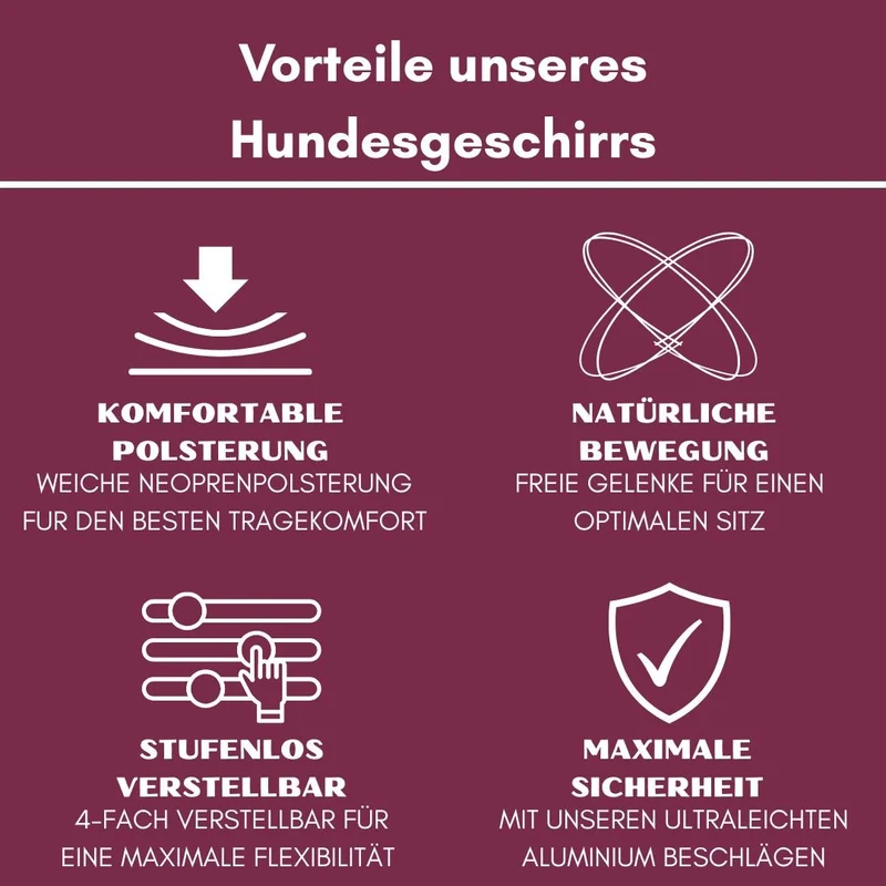 Y-Hundegeschirr 4fach-verstellbar mit Griff und Sicherheitsschnallen Bordeaux - ultraleicht