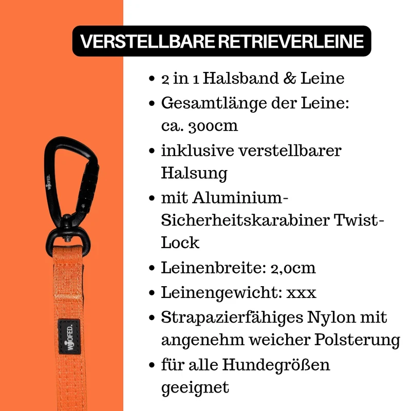 Nylon Retrieverleine verstellbar Safety Orange