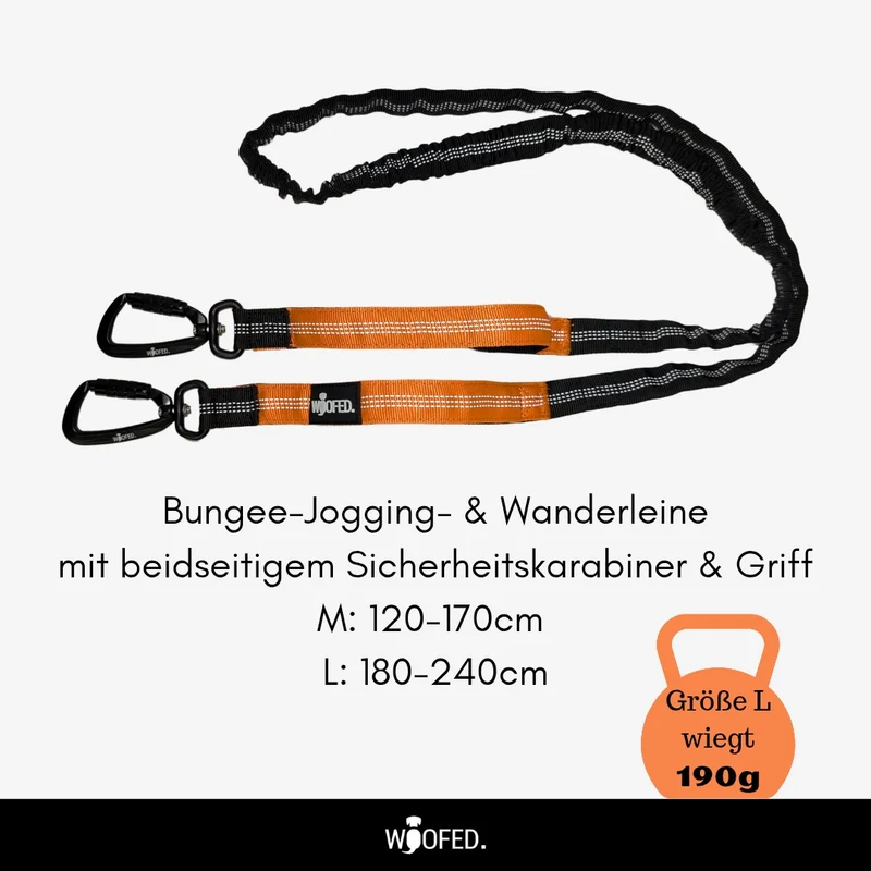 Jogging- & Wanderleine mit beidseitigem Griff, Bungee-Ruckdämpfer & Sicherheitskarabiner aus Nylon