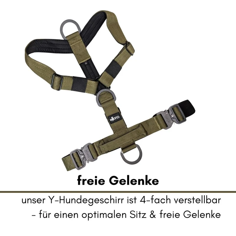 Y-Hundegeschirr 4fach-verstellbar mit Griff und Sicherheitsschnallen Military Olive - ultraleicht