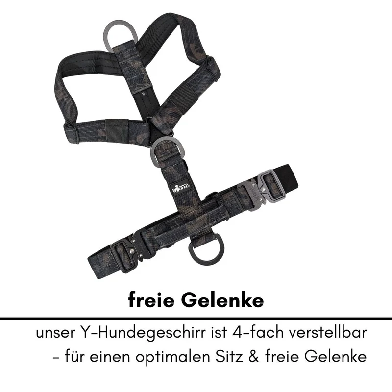 Y-Hundegeschirr 4fach-verstellbar mit Griff und Sicherheitsschnallen Black Camo - ultraleicht