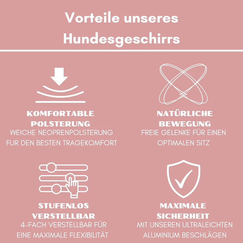 Y-Hundegeschirr 4fach-verstellbar mit Griff und Sicherheitsschnallen Dusty Rose - ultraleicht