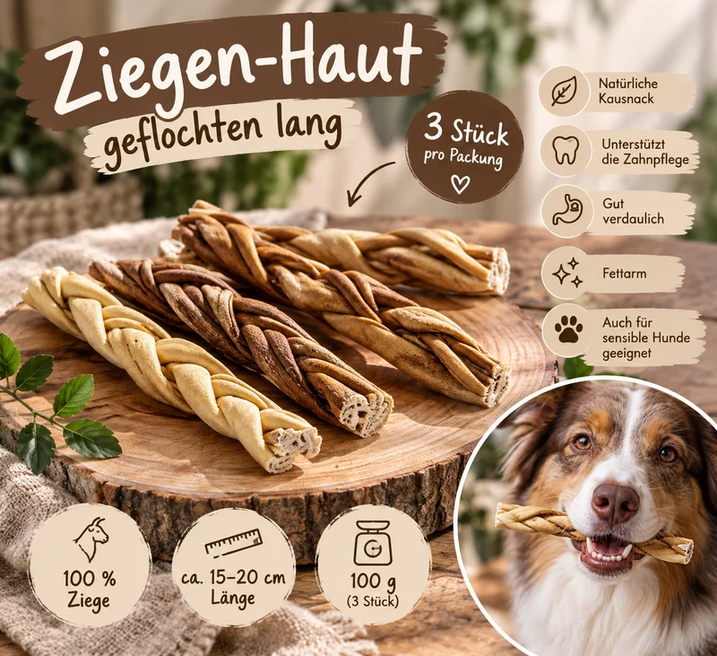 Ziegenhaut geflochten lang – 100 g | 3 Stück