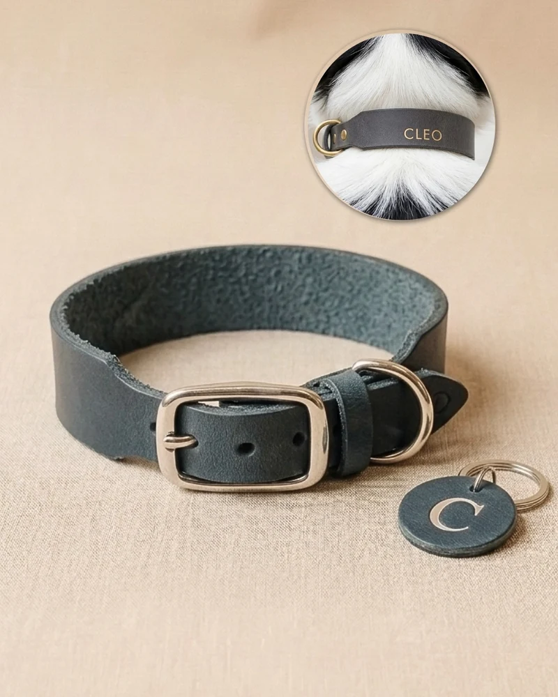 Personalisierbares Lederhalsband mit Name | Steingrau