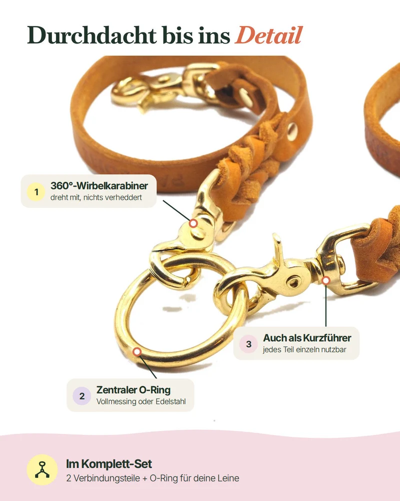 Komplett-Set | 2 Stück Verbindungsteile aus Leder inkl. Ring - für 2 Hunde an einer Leine