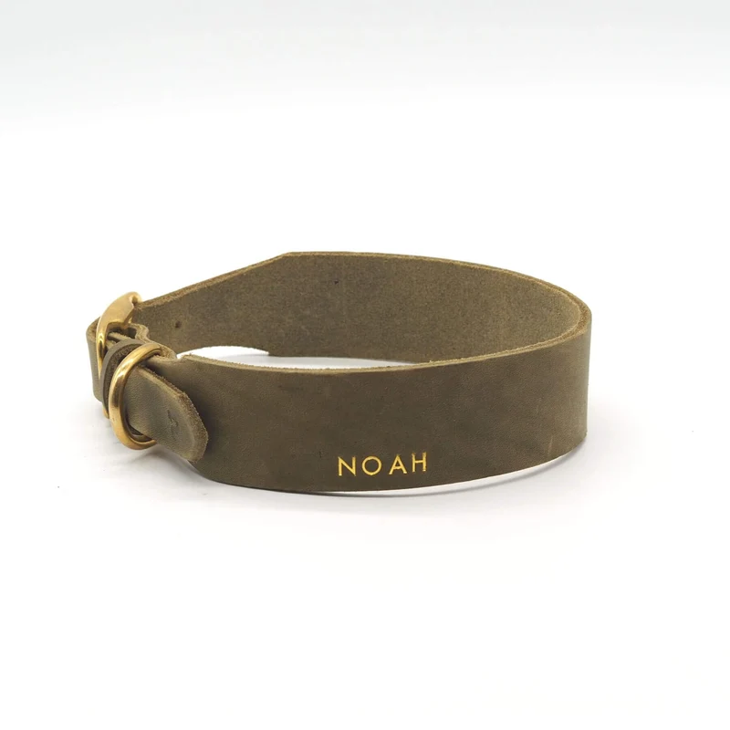 Personalisierbares Lederhalsband mit Name | Olive