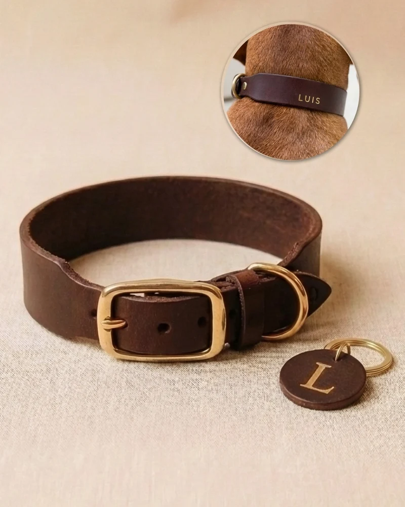 Personalisierbares Lederhalsband mit Name | Kastanie