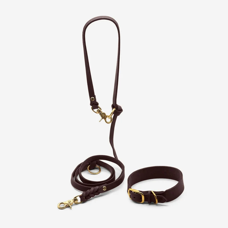 Set | Lederhalsband & Leine in Kastanie