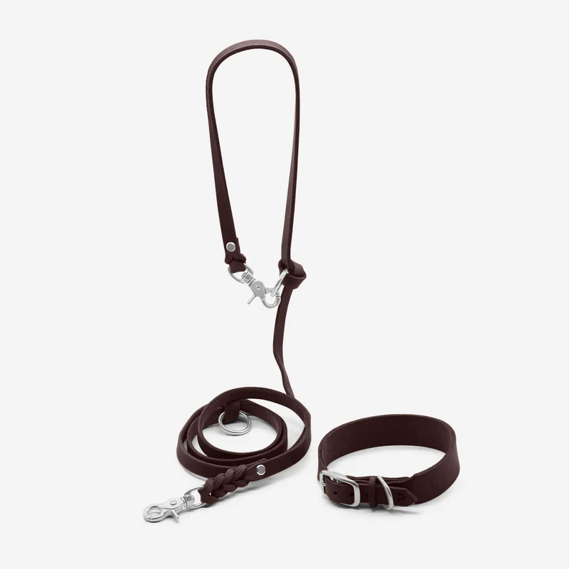 Set | Lederhalsband & Leine in Kastanie