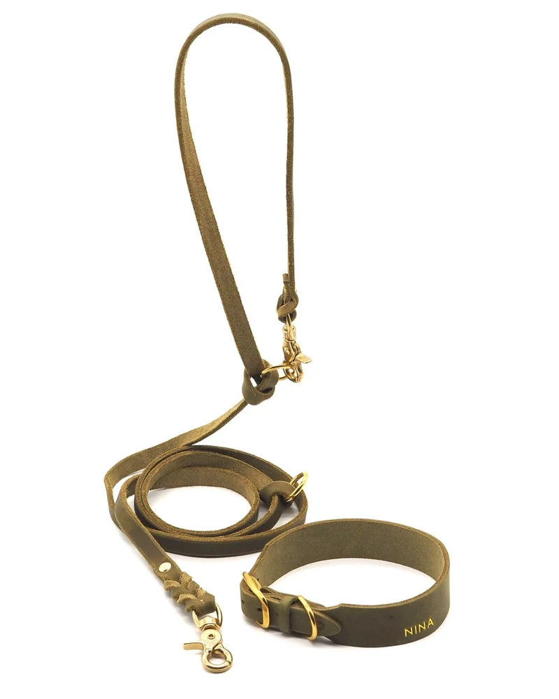 Set | Lederhalsband & Leine in Olive