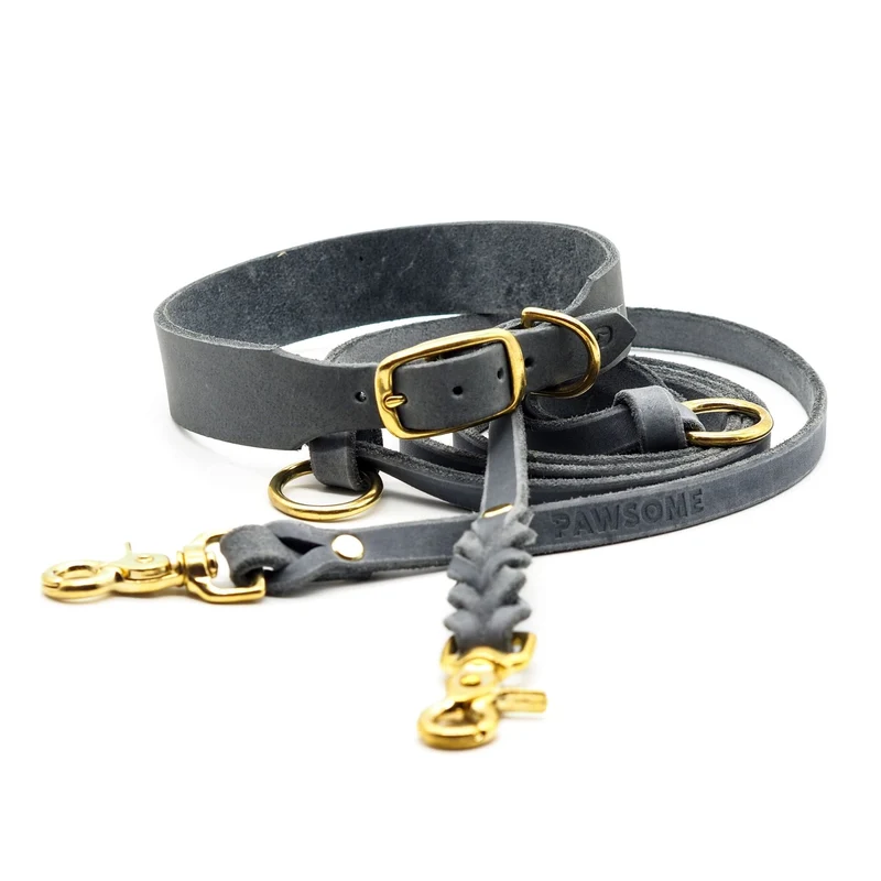 Set | Lederhalsband & Leine in Steingrau