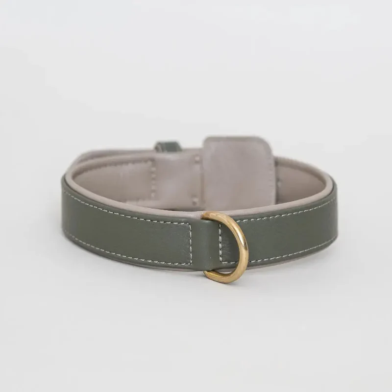 Lederhalsband „Doublé Classic“ – Oliv / Taupe