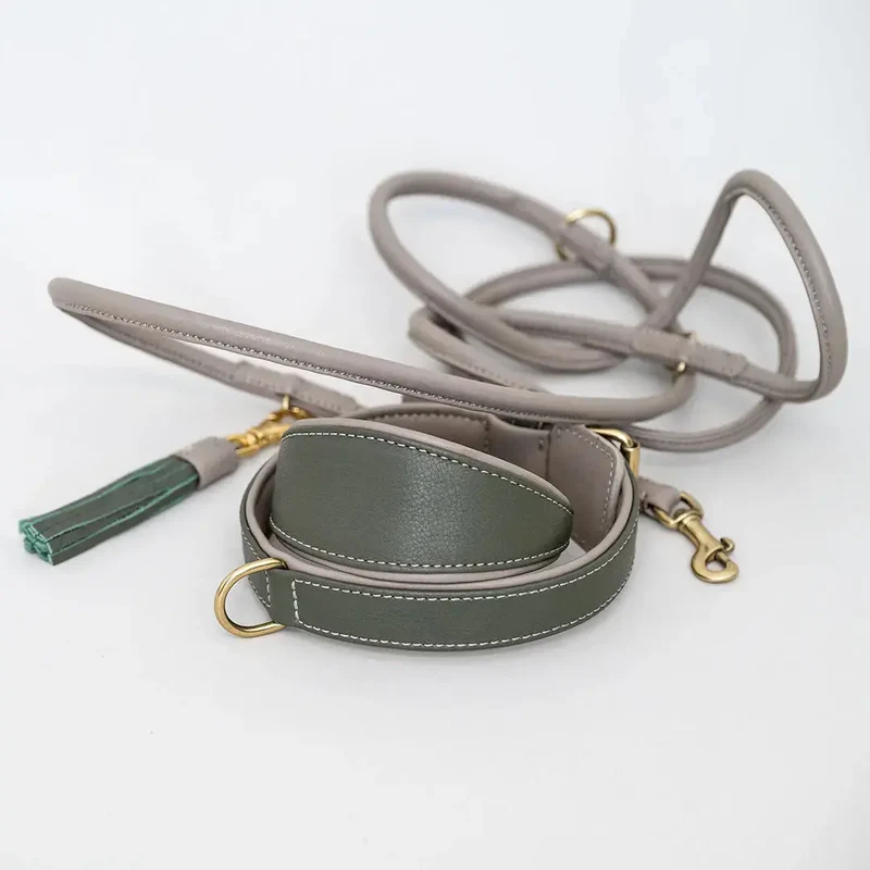 Lederhalsband „Doublé Classic“ – Oliv / Taupe