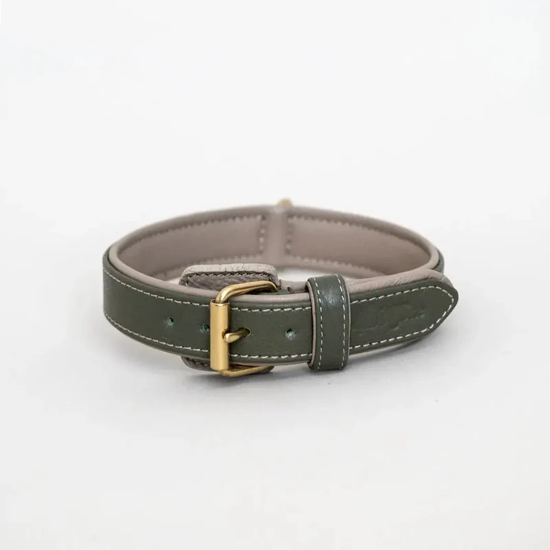 Lederhalsband „Doublé Classic“ – Oliv / Taupe