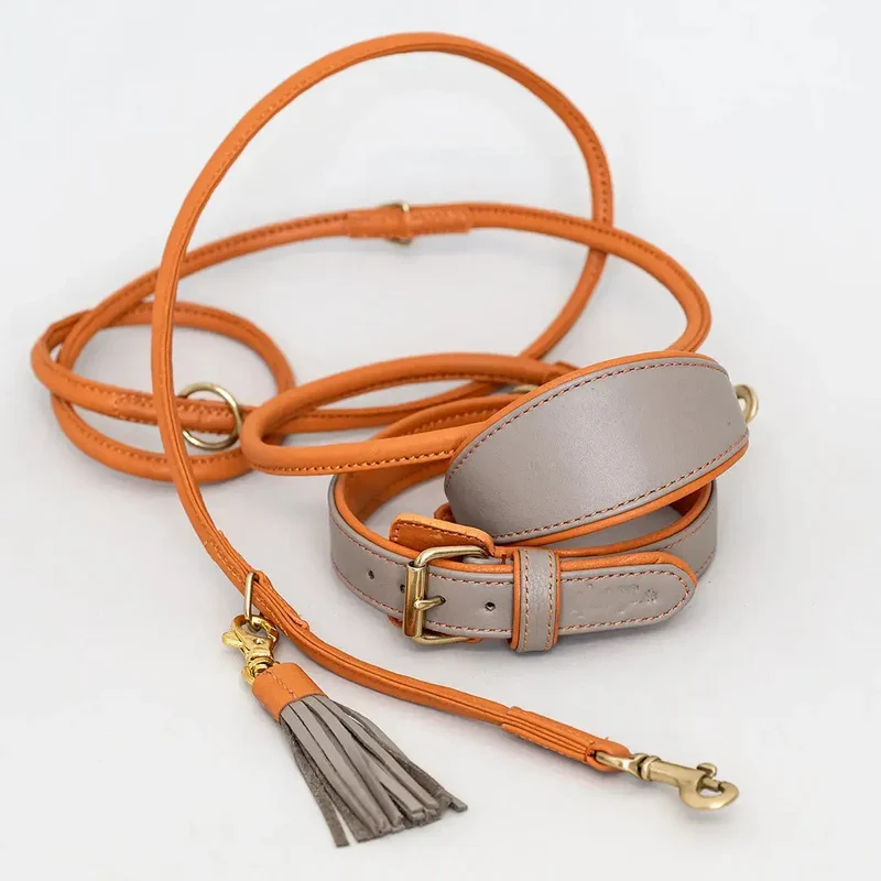 Lederhalsband „Doublé Classic“ – Taupe / Orange