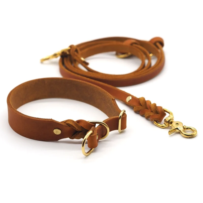 Set | Zugstopp-Halsband & Leine aus Fettleder