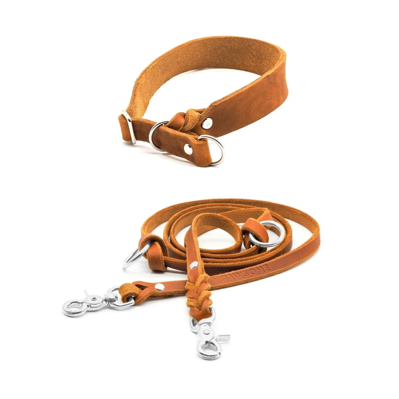 Set | Zugstopp-Halsband & Leine aus Fettleder
