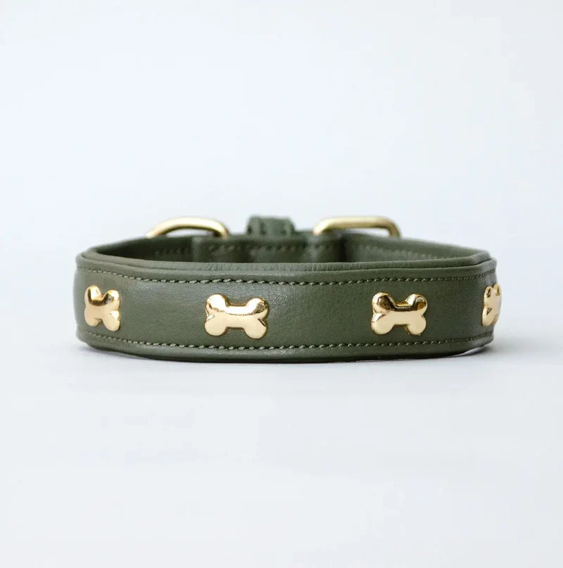 Lederhalsband mit Polsterung "Golden Bone" - Oliv