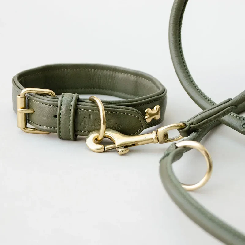 Lederhalsband mit Polsterung "Golden Bone" - Oliv