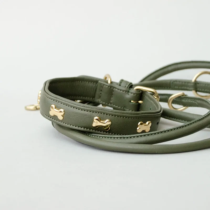 Lederhalsband mit Polsterung "Golden Bone" - Oliv