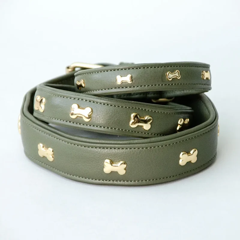 Lederhalsband mit Polsterung "Golden Bone" - Oliv