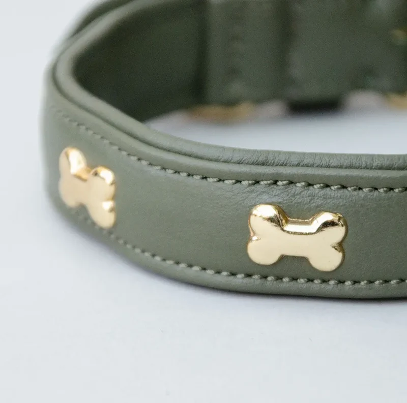 Lederhalsband mit Polsterung "Golden Bone" - Oliv