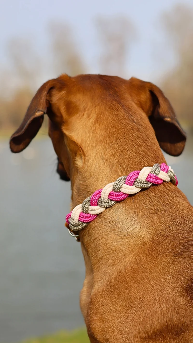 Geflochtenes Halsband - fuchsia | sahne | tan