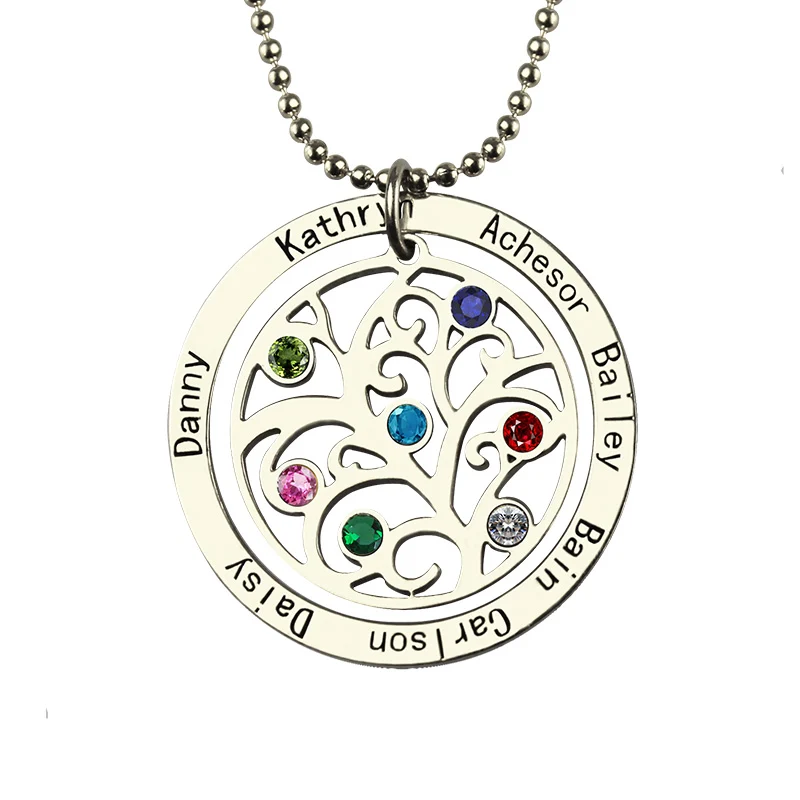 Familienbaum Kette mit Geburtsstein und Namen personalisiert