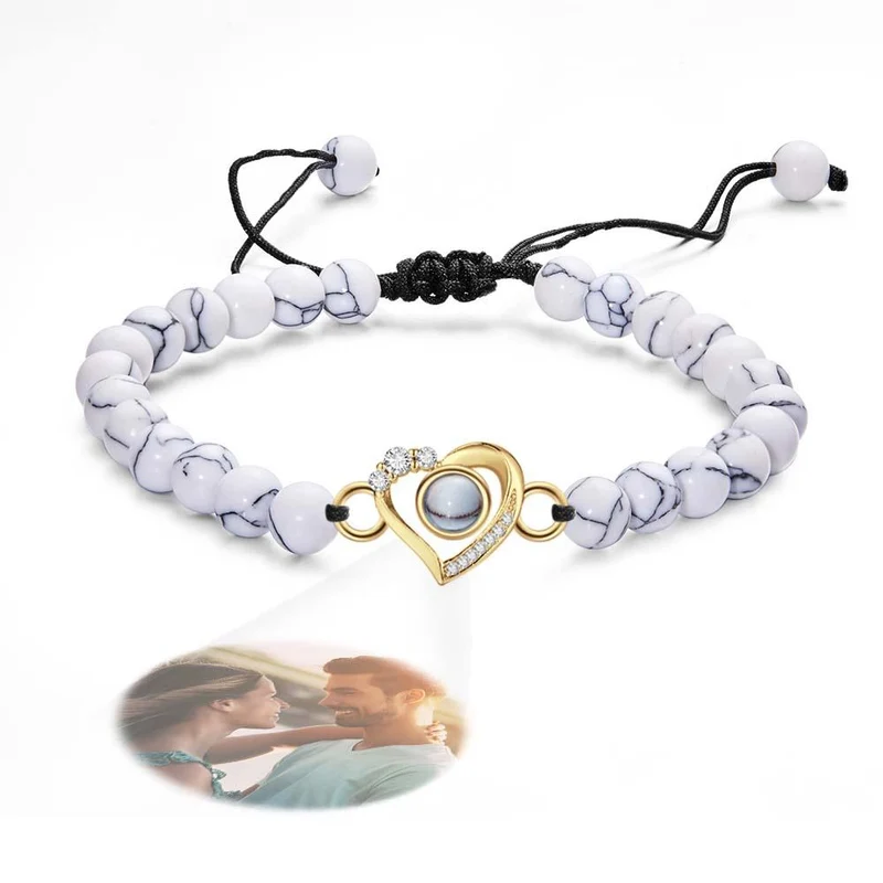 Personalisiertes Foto Projektion Perlen Armband herzförmig mit Strass - Geschenk für Sie