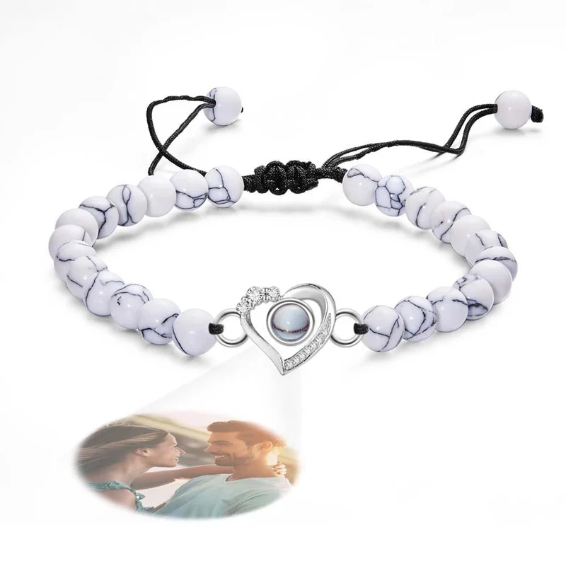 Personalisiertes Foto Projektion Perlen Armband herzförmig mit Strass - Geschenk für Sie