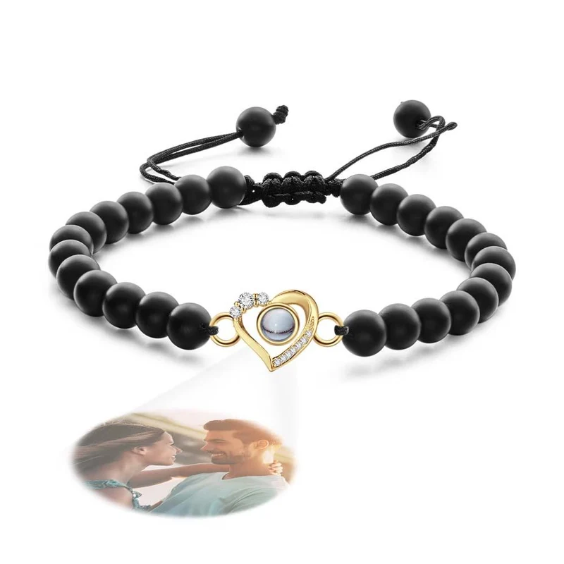 Personalisiertes Foto Projektion Perlen Armband herzförmig mit Strass - Geschenk für Sie