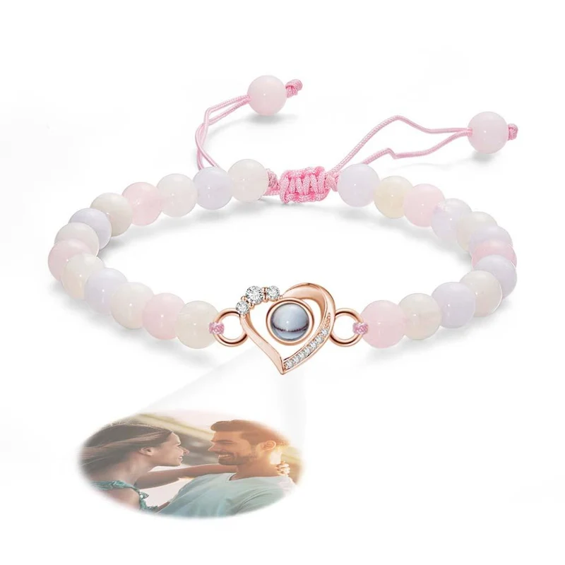Personalisiertes Foto Projektion Perlen Armband herzförmig mit Strass - Geschenk für Sie